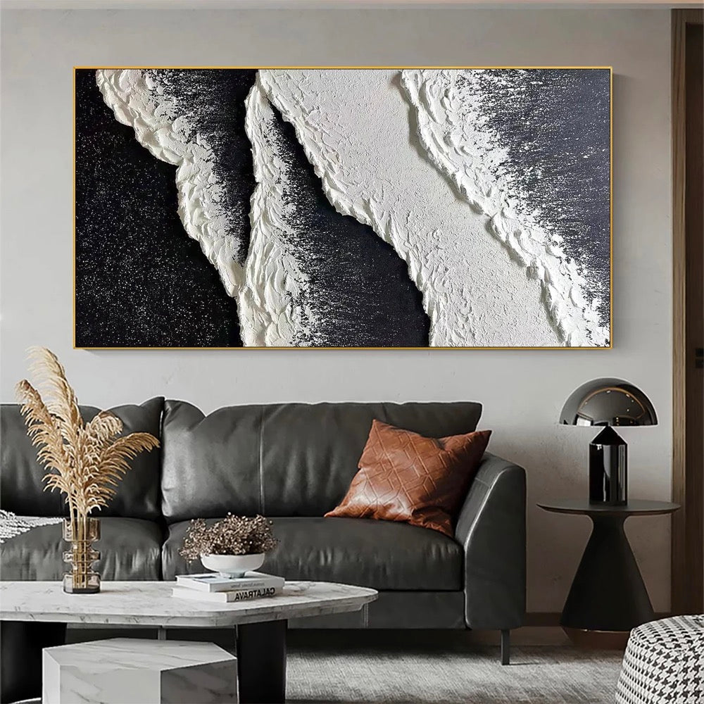 3D Minimalist Wave Pattern Canvas Texture Mural, Black and White Wave Art, Wabi-Sabi Mural