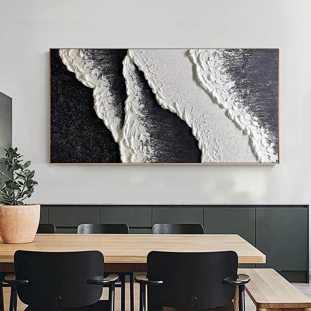3D Minimalist Wave Pattern Canvas Texture Mural, Black and White Wave Art, Wabi-Sabi Mural