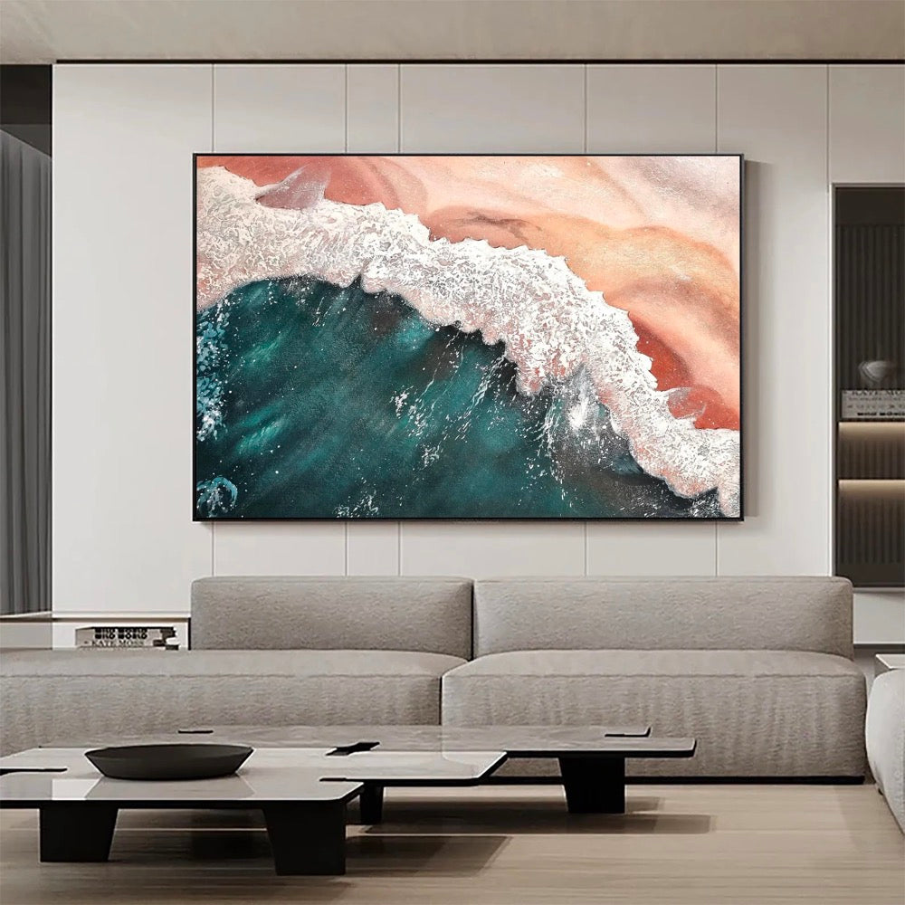 3D Green Minimalist Beach Texture Mural Wave Painting
