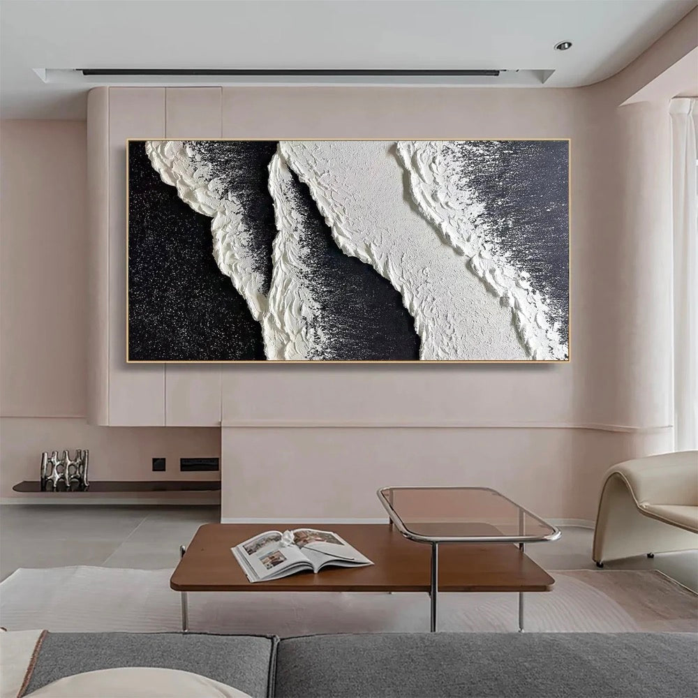 3D Minimalist Wave Pattern Canvas Texture Mural, Black and White Wave Art, Wabi-Sabi Mural
